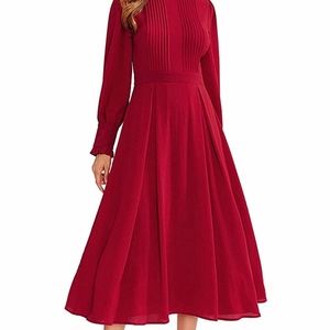 Woman's Elegant Frilled Long Sleeved Pleated Dress